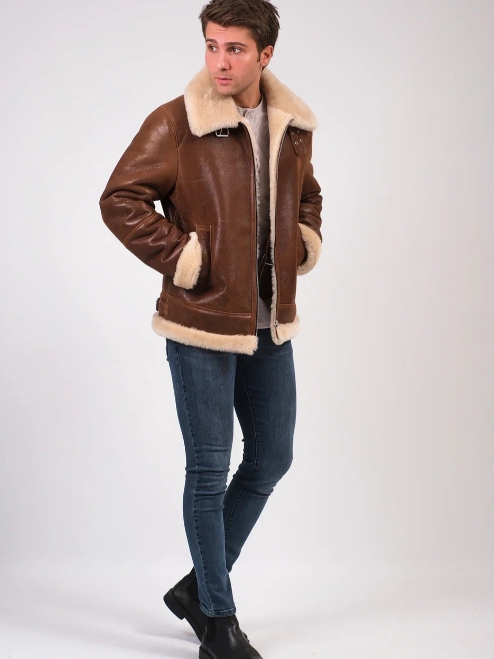 Furniq UK Rupert Shearling Aviator Jacket NWT  Brown, Size M